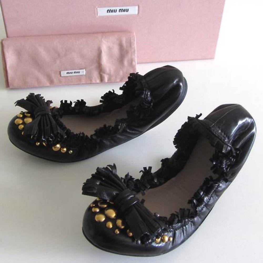 New Miu Miu Black Studded Bow Ballet Flats 36 6 Us - image 1